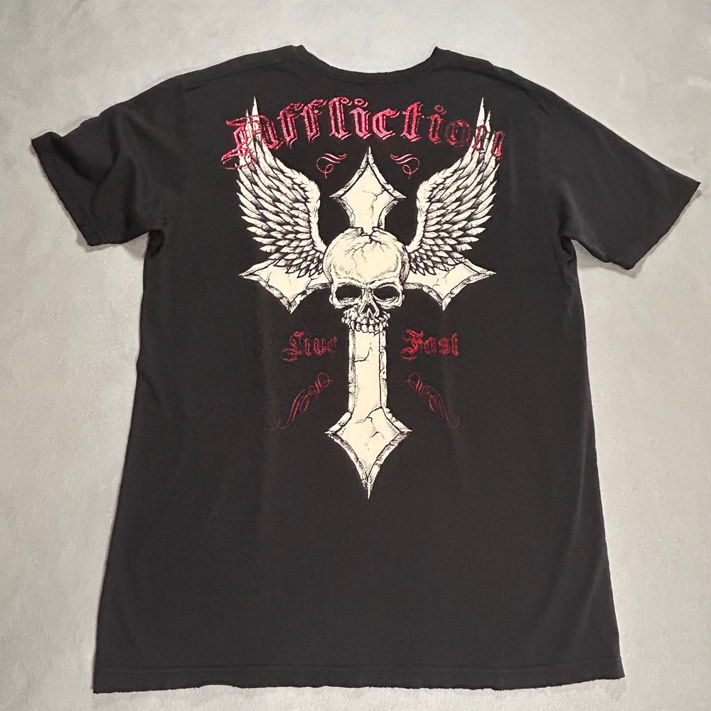 Y2K Affliction Live Fast Skull Cross Wing Graphic T-Shirt Mens 2XL USA Made